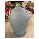 Frosted blue glass container 10" tall