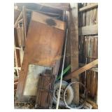Misc. lot- door w/window, cart w/wheels, board,