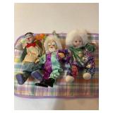 3 porcelain clown dolls, 8" tallest