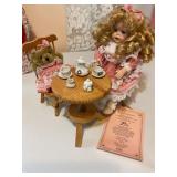Pollyï¿½s Tea party doll set, wood chairs, table,