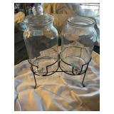 2 Glass beverage dispensers with stand, one lid,