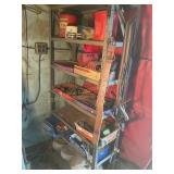 Metal shelf with contents, jumper, cables,