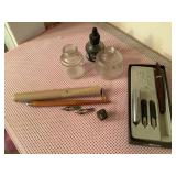Ink jars, fountain pen, tips, etc.