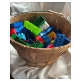 Lego pieces in basket, etc.