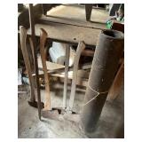 4 Axes, digging iron, roof felt paper, saws, 6 f