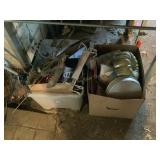 1 plastic tote & 1 box - bakeware, metal wall