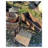 Wicker stool, barstool, wood cradle, bushel