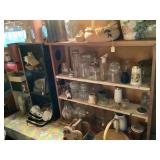 3 shelves w/ contents - glassware,tins,trays, etc.