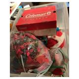 Plastic tote with Christmas decor, etc