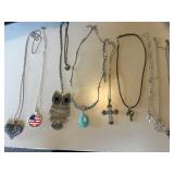9 costume jewelry necklaces - owl,cross,heart,