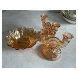 3 pc carnival glass, bowl, candlestick holders