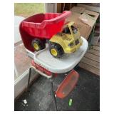 Metal highchair 26" tall, Tonka plastic dump truck