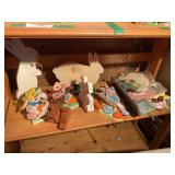 Contents of shelf- Easter decor, wooden/metal