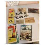 Vtg maps, radio cards, wood postcard,