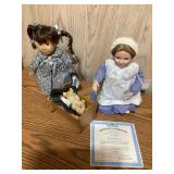 2 Vtg Porcelain dolls w cradle & cat, Gretchen,