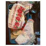 1 tote misc linens, tablecloth, throws,
