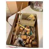 Vtg sewing accessories- empty spools, threaders,