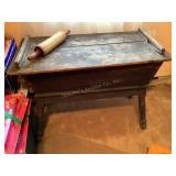 Vtg dough box table w/rolling pin, 35x18x25"