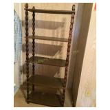 Wood shelving unit, 26x64.5x12", shows some wear