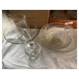Misc clear glassware- bowls, hand blown pitcher,