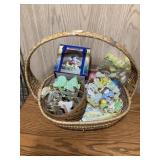 Easter decor- baskets, eggs, plastic bunnies,