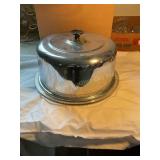 Vtg round cake glass footed plate with chrome