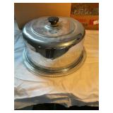 Vtg round cake glass footed plate with chrome