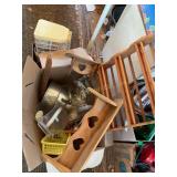 Misc woods shelves, beads, spice rack, various