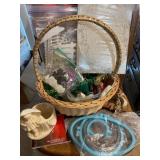 Basket w/ embroidery rings, cd, paper doilies,