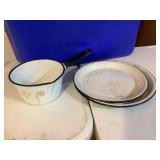 3 pc. Enamel ware, Polish saucepan, 2 plates
