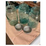 3 blue glass Ball qt canning jars, #4 & 2,