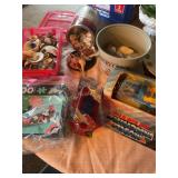 Misc tote w/ seashells, puzzle, metal box 11ï¿½ x