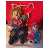 Porcelain face clown dolls, 9" tallest