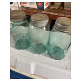 3 blue glass Ball qt canning jars, #8 & 5, zinc