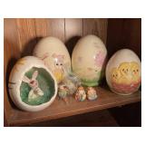 Contents of shelf- Easter decor, ceramic eggs,
