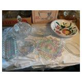 Misc. clear glassware- carnival glass, candy dish,