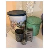 2 Tins w/lids, largest is 14", grater, sifter,