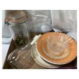Misc. dishware, jar, syrup pitcher, bowls, glass