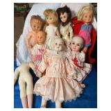 7 dolls, porcelain, rubber & plastic 16" tallest