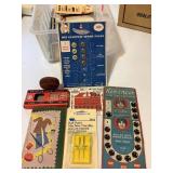 Vtg sewing notions, tracing wheel, pin cushion,