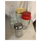 Misc. canister, glass Christmas tree, sugar shaker