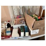 Misc dolls, holiday decor, needlepoint items,