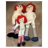 3 Raggedy Anne dolls, largest is 35"H