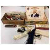 Misc. lot- cigar boxes, shoestrings, Robert
