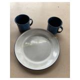 Blue speckled enamel cups & plate