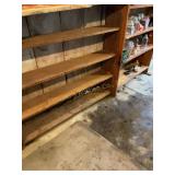 2 wood shelving units w/ contents, glassware,