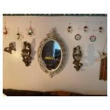 Wall decor, mirror 28" tall, kerosene sconces, e