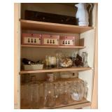 Contents of 4 shelves, glass pitchers, vases-10"
