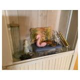 Misc shelf lot- postcards, figurines, cast