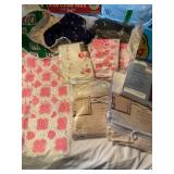 Tote w/ misc pillowcases, curtains, crocheted,